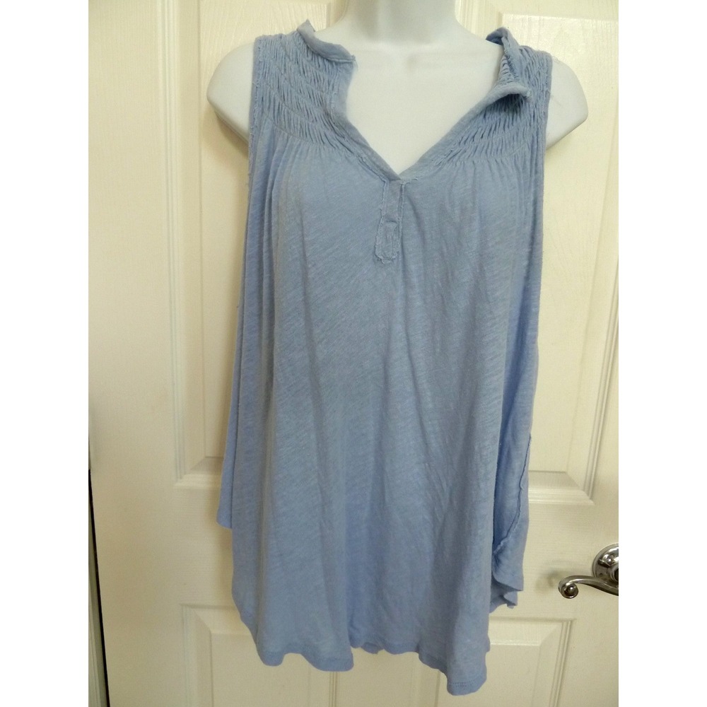 We The Free Small Raw Edge Inverted Seam Smocked Tank Top Linen Blue Boho